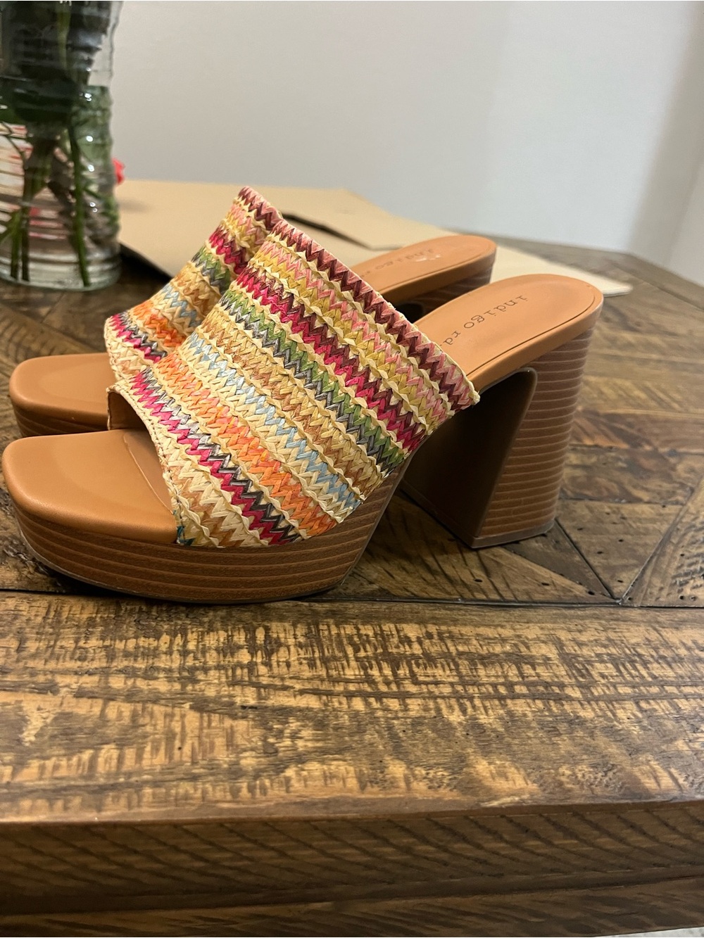 Indigo Multi-Color Woven Platform Mule with Tan Heel